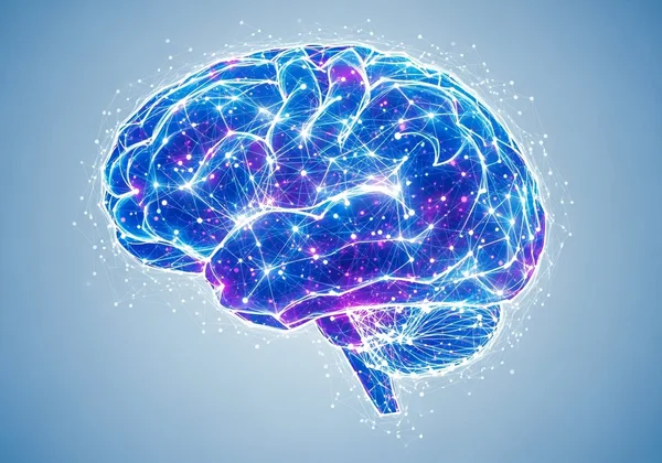 Otak abstrak dengan sambungan bercahaya, mewakili penilaian kognitif.