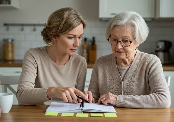 Seorang wanita tua dan anak perempuannya yang dewasa sedang menyemak jurnal dengan tenang.