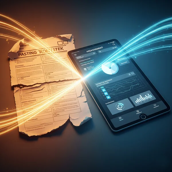 Concept of paper test evolving into digital assessment.