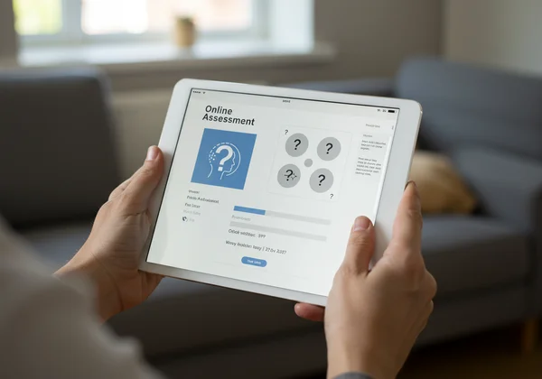 Person taking online cognitive assessment on a tablet