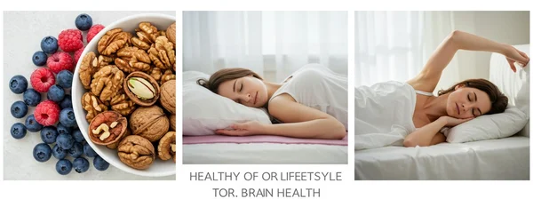 Collage of healthy habits: brain food, sleep, exercise, meditation
